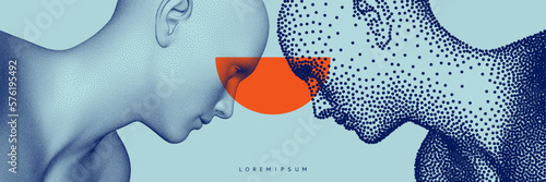 Two opponents facing each other. People talk face to face. Illustration of the communication between two humans. Mind reading concept. Battle with yourself. Vector in сoarse and fine style.