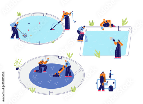 Swimming pool maintenance service workers flat vector illustrations isolated.