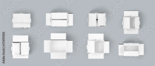 Realistic set of white cardboard boxes isolated on background. Vector 3D illustration of blank packages open and closed, empty inside. Top view collection of rectangle parcels for delivery or moving
