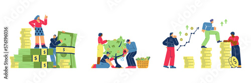 Growing money and profit increase business vector illustrations set isolated.