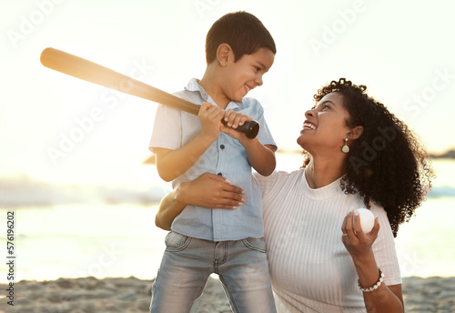 Canvas Print Beach, baseball and a black family with children playing sports together by the ocean or sea at sunset