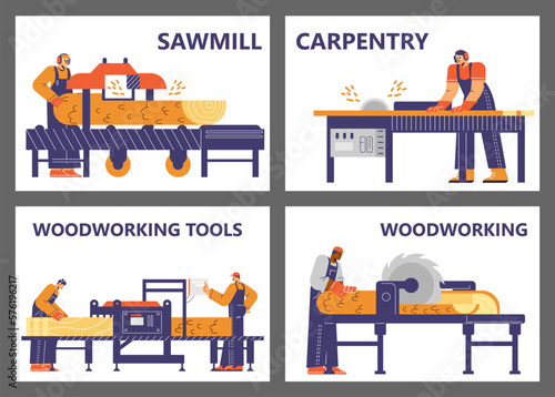 Sawmill and carpentry wood works banners or flyers flat vector illustration.
