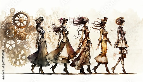 Steampunk female fashion show, models on a runway, abstract, artistic, watercolor, illustration. Generative AI
