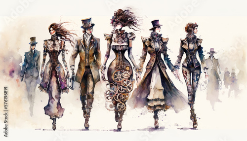 Steampunk fashion show, female and male models on a runway with gears, abstract, artistic, watercolor, illustration. Generative AI