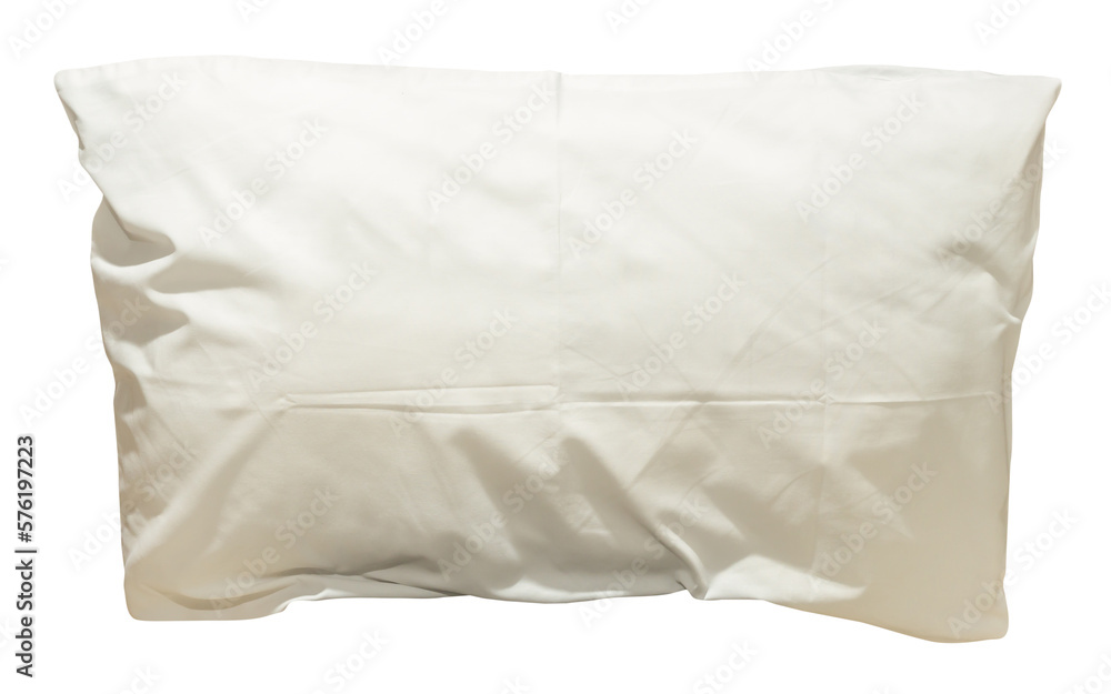 White pillow with case after guest's use at hotel or resort room isolated on white background with clipping path in png file format, Concept of confortable and happy sleep in daily life
