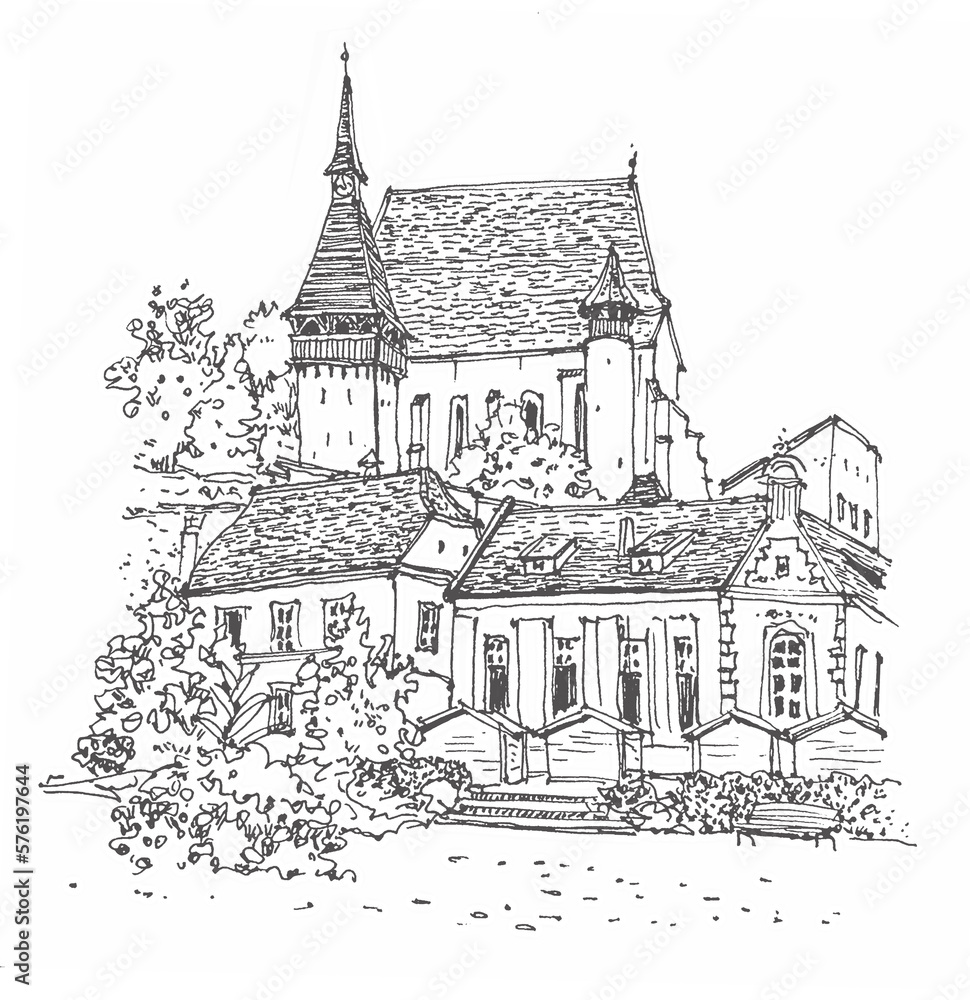 Travel sketch illustration of Biertan Fortified Church in the Transylvania region of Romania. Urban sketch in black color on white background. A hand-drawn old building,  linear drawing on paper.