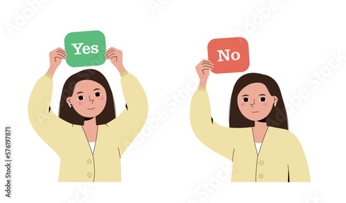 Yes or No. Agree or Disagree. The Girl Shows Approval and Disapproval. Vector Illustration in Cartoon Style.