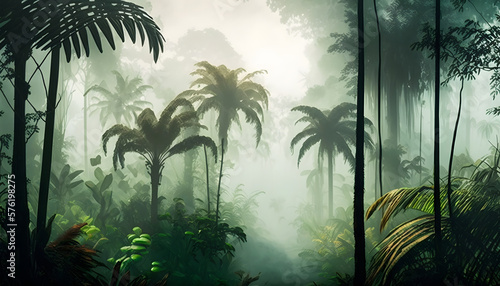 Morning in the jungle  Jungle in the fog  Panorama of the rainforest  palm trees in the fog  jungle in the haze