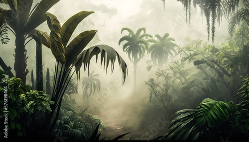 Morning in the jungle  Jungle in the fog  Panorama of the rainforest  palm trees in the fog  jungle in the haze