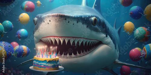 portrait of a shark at his birthday party with party hat and has a wild cake with candles, wearing a party hat, balloons and confetti. photo