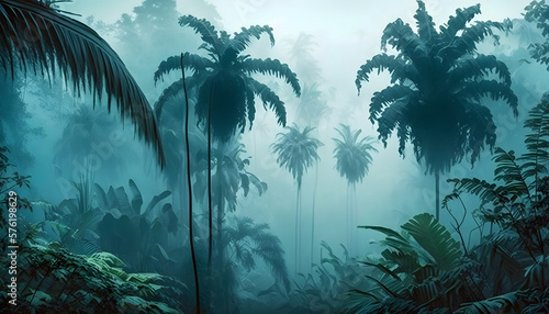 Morning in the jungle  Jungle in the fog  Panorama of the rainforest  palm trees in the fog  jungle in the haze