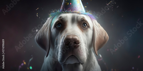 portrait of a dog at his birthday party with party hat and has a wild cake with candles, wearing a party hat, balloons and confetti.