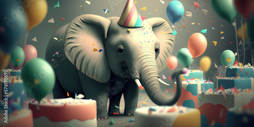 portrait of a elephant at his birthday party with party hat and has a wild cake with candles, wearing a party hat, balloons and confetti.