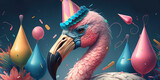 portrait of a flamingo at his birthday party with party hat and has a wild cake with candles, wearing a party hat, balloons and confetti.