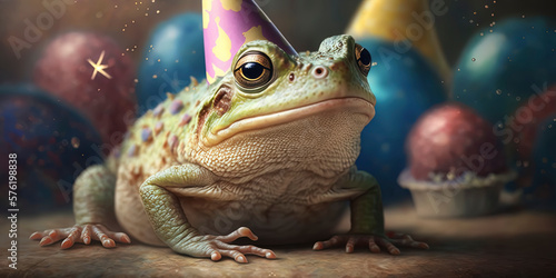 portrait of a frog at his birthday party with party hat and has a wild cake with candles, wearing a party hat, balloons and confetti. © Fernando