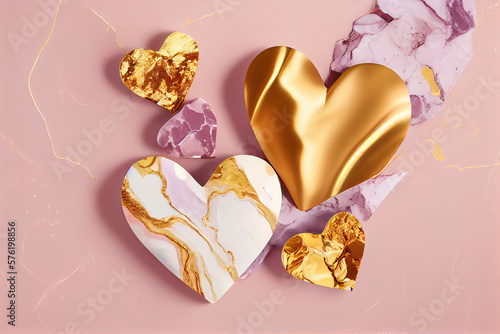 A marble heart with gold and white marble background Generative ai photo