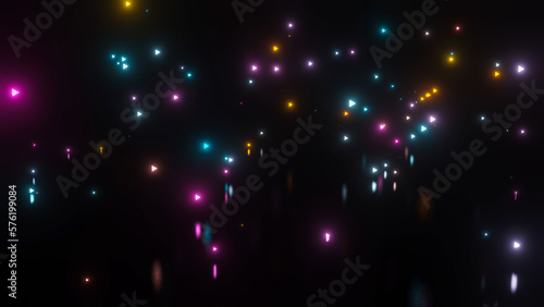 multicolored triangular glowing particles on a black background. abstract composition background. 3d render illustration