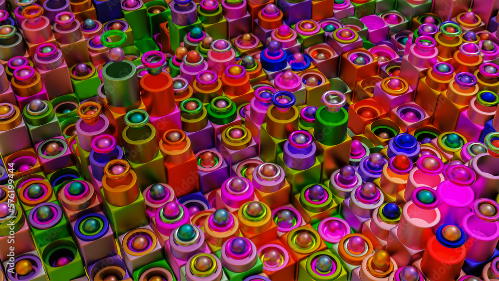 Fototapeta premium abstract background. many different colored cubes and spheres at different heights. 3d render illustration