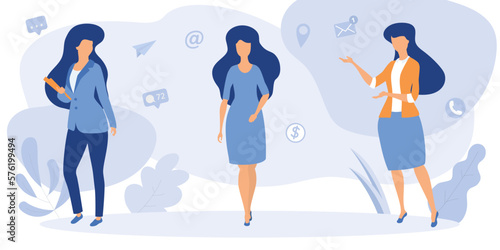 Casual business woman character in different poses set vector illustration