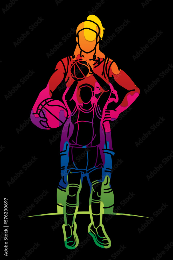 Group of Basketball Female Players Action Cartoon Sport Graphic Vector