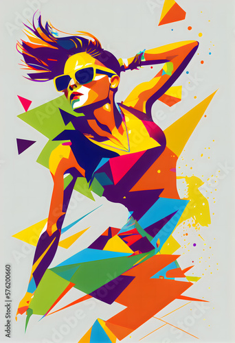 A young woman designed with colorful geometric shapes