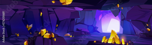 Mountain cave interior with gold deposits on ceiling, walls and floor. Vector cartoon illustration of dark underground mine with precious yellow stones. Treasure grotto background for adventure game