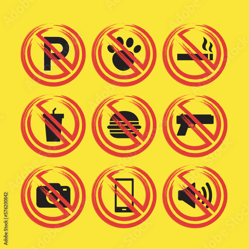Grunge Prohibition and restriction signs Vector Yellow Background Grunge Brush 