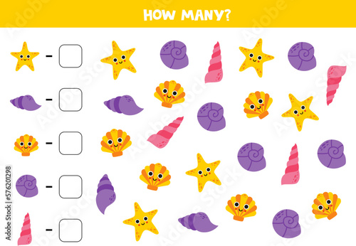 Counting game with cartoon seashells. Math worksheet.