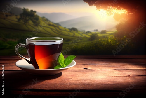 Cup of tea on wooden table with beautiful landscape in the background. Generative AI