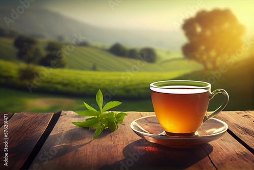 Tea cup on wooden table in front of tea plantation in the morning. Generative AI