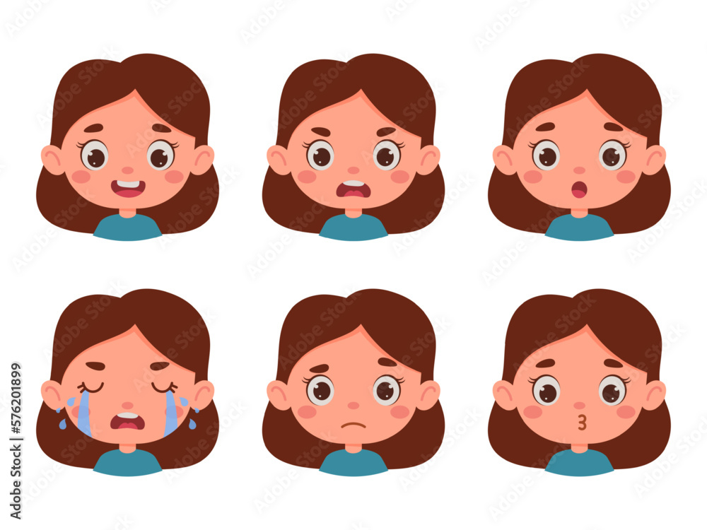 Cute cartoon little kid girl in various expressions and gesture. Cartoon child character showing different emotions. Vector illustration Cute cartoon little kid girl in various expressions and gesture. Cartoon child character showing different emotions. Vector illustration