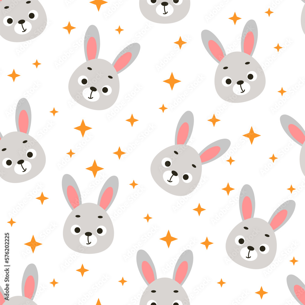 Cute little hare head seamless childish pattern. Funny cartoon animal character for fabric, wrapping, textile, wallpaper, apparel. Vector illustration