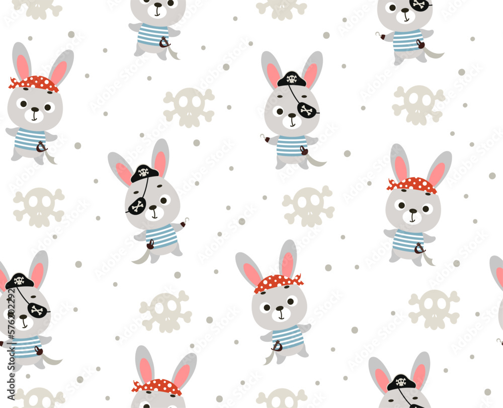 Cute little pirate hare seamless childish pattern. Funny cartoon animal character for fabric, wrapping, textile, wallpaper, apparel. Vector illustration