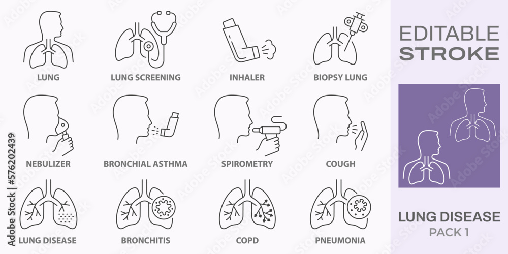 lung disease icons, such as pneumonia, cough, bronchitis, spirometry and more. Editable stroke. - obrazy, fototapety, plakaty 