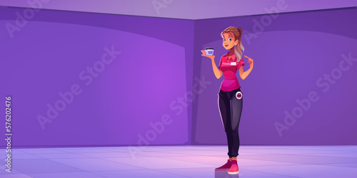 Woman hold cream in hand in empty purple room cartoon vector background. Girl show cosmetics for face. Shop spa scrub with model advertising banner. Dermatology moisturizer treatment for body.