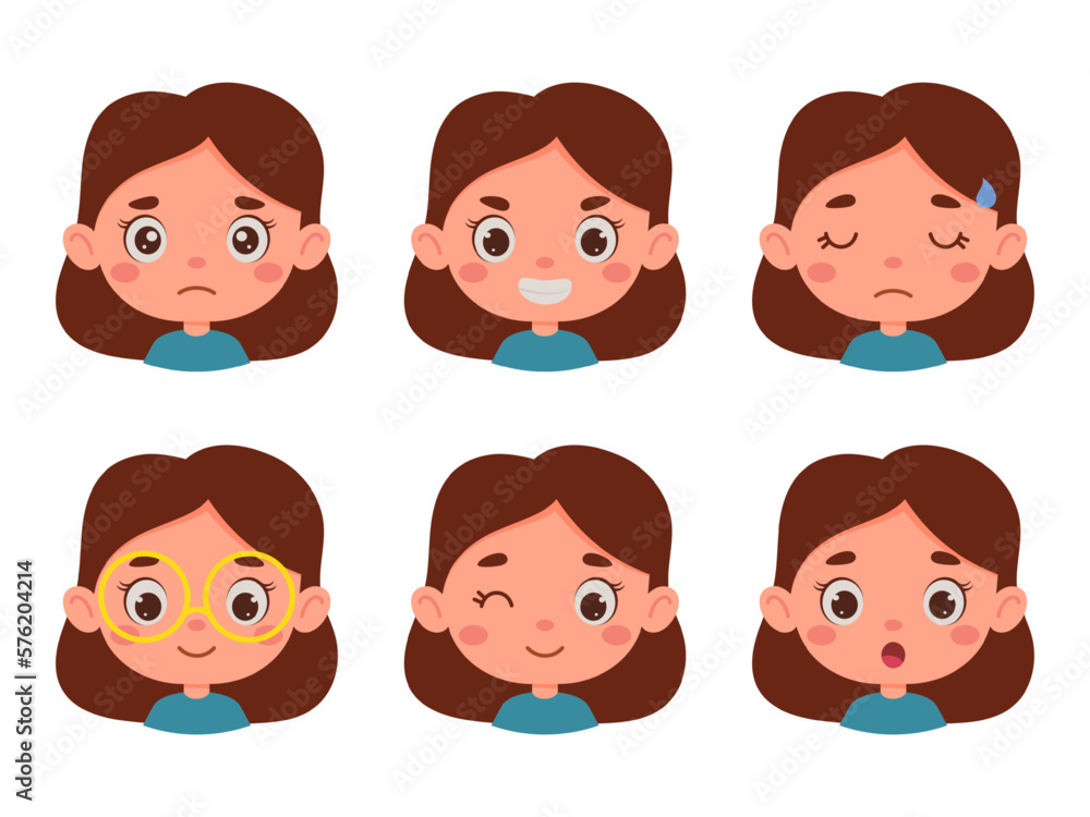 Cute cartoon little kid girl in various expressions and gesture. Cartoon child character showing different emotions. Vector illustration Cute cartoon little kid girl in various expressions and gesture. Cartoon child character showing different emotions. Vector illustration