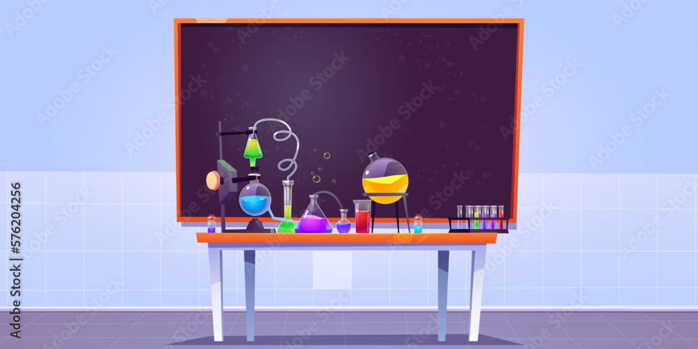 School chemistry laboratory equipment for research and science experiment to do. Lab cartoon
