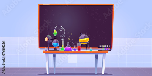 School chemistry laboratory equipment for research and science experiment to do. Lab cartoon vector background for chemical game with beaker and flask in classroom. Discovery colorful reaction.