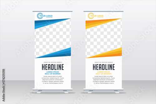 Banner roll-up design, business concept. Graphic template roll-up for exhibitions, banner for seminar, layout for placement of photos. Universal stand for conference, promo banner vector background