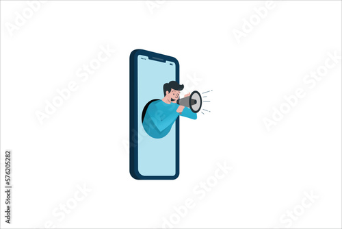 Business concept illustration of a businessman holding a megaphone coming through from smart phone. Digital marketing, communication, advertisement concept
