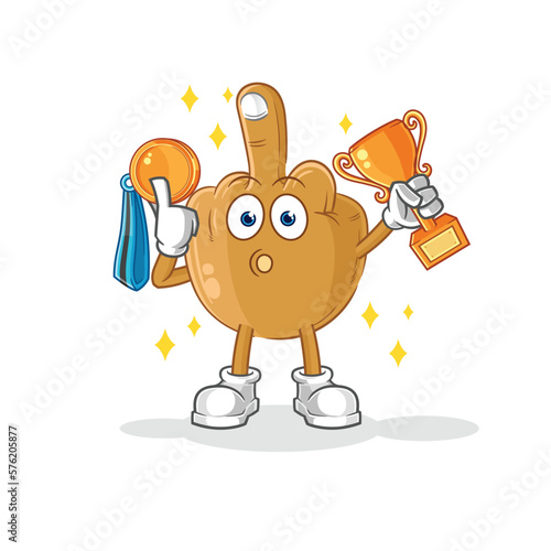 middle finger winner with trophie. cartoon character