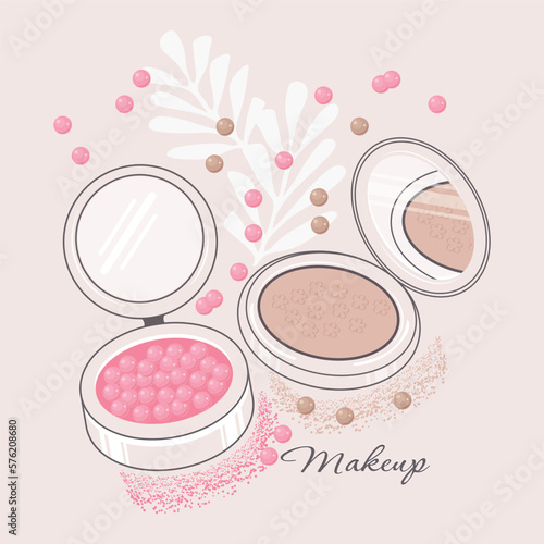 Vector illustration of foundation powder for face and blush. The concept of beauty, cosmetics, image and makeup