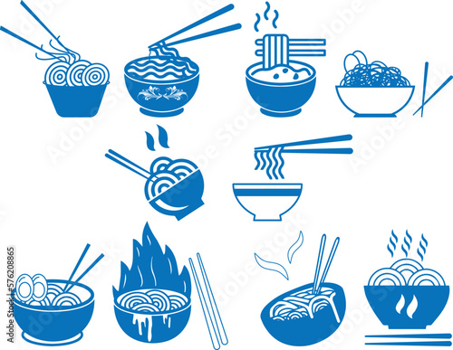 Noodles in bowl with chopsticks icon set, food icon set blue vector