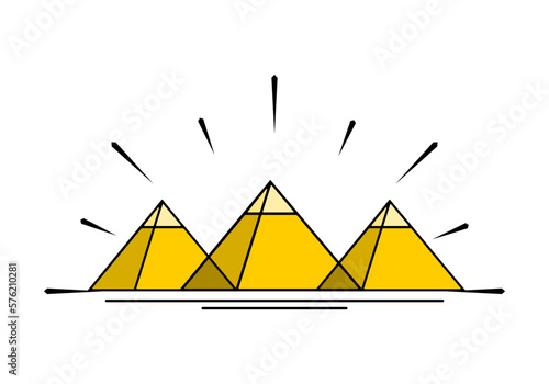 Yellow three egypt ancient pyramids of giza are egyptian pharaoh tomb with light ray on white background line outline vector icon design.