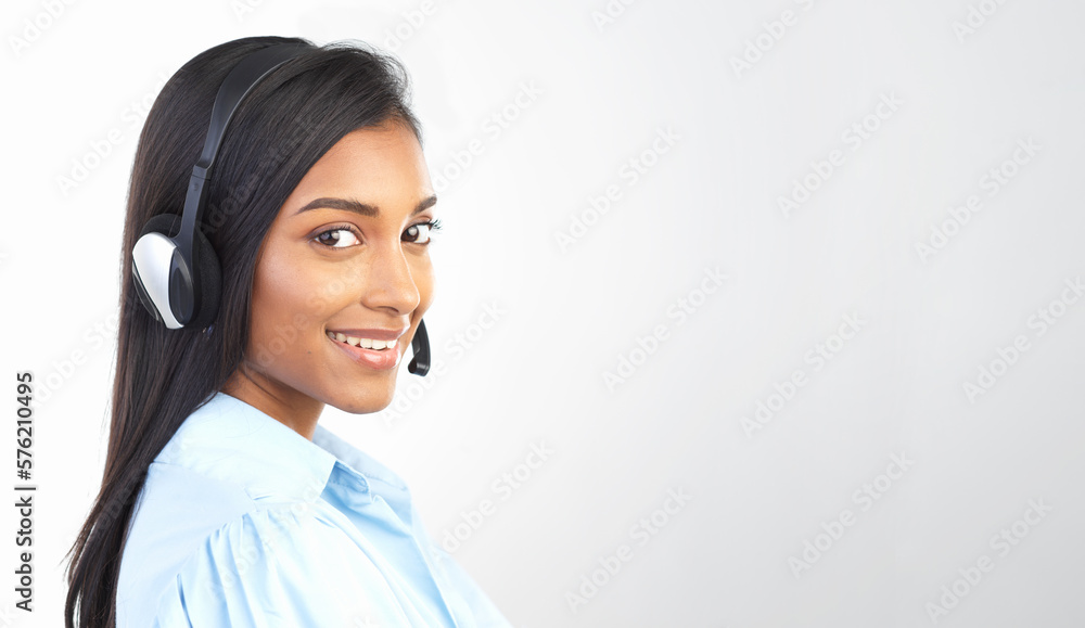 Customer support, call center and portrait of a Indian woman with mockup studio. Telemarketing, crm and empoyee work conversation with a smile from web help sale consultation online with mock up Customer support, call center and portrait of a Indian woman with mockup studio. Telemarketing, crm and empoyee work conversation with a smile from web help sale consultation online with mock up