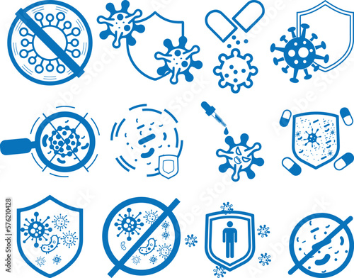 Virus resistance icon set, virus infection icon set blue vector