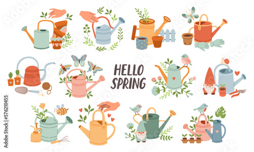 Spring mood set template. Welcome spring season invitation. Minimalist postcards with leaves, watering can. 