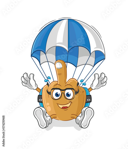 middle finger skydiving character. cartoon mascot vector
