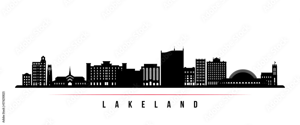 Lakeland skyline horizontal banner. Black and white silhouette of Biloxi Lakeland, Florida. Vector template for your design.