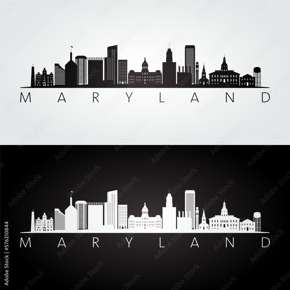 Maryland state skyline and landmarks silhouette, black and white design. Vector illustration.